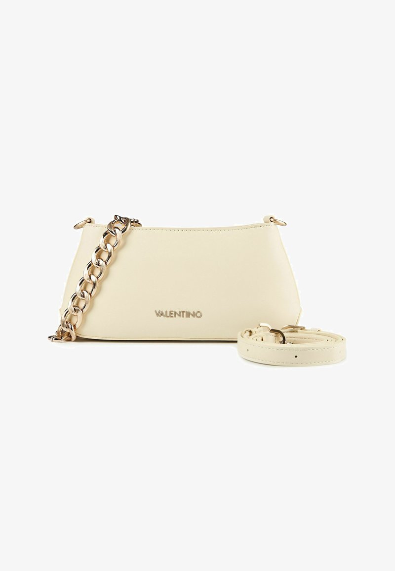 Cream-colored Valentino shoulder bag with gold chain strap and additional adjustable leather strap on white background.