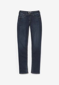 Jeans de mezclilla de color azul oscuro con un diseño de pierna recta, que cuentan con detalles cosidos, bolsillos delanteros y un cierre de cremallera con botón.