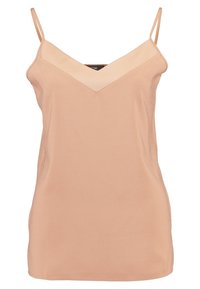 Persikofärgad satäng-camisole med tunna axelband och V-ringad design. Slät textur, enkel passform och en lätt lyster.