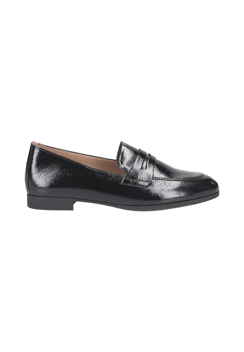 Black patent leather loafers with a low heel, featuring a stitched accent and a rounded toe for a classic design.