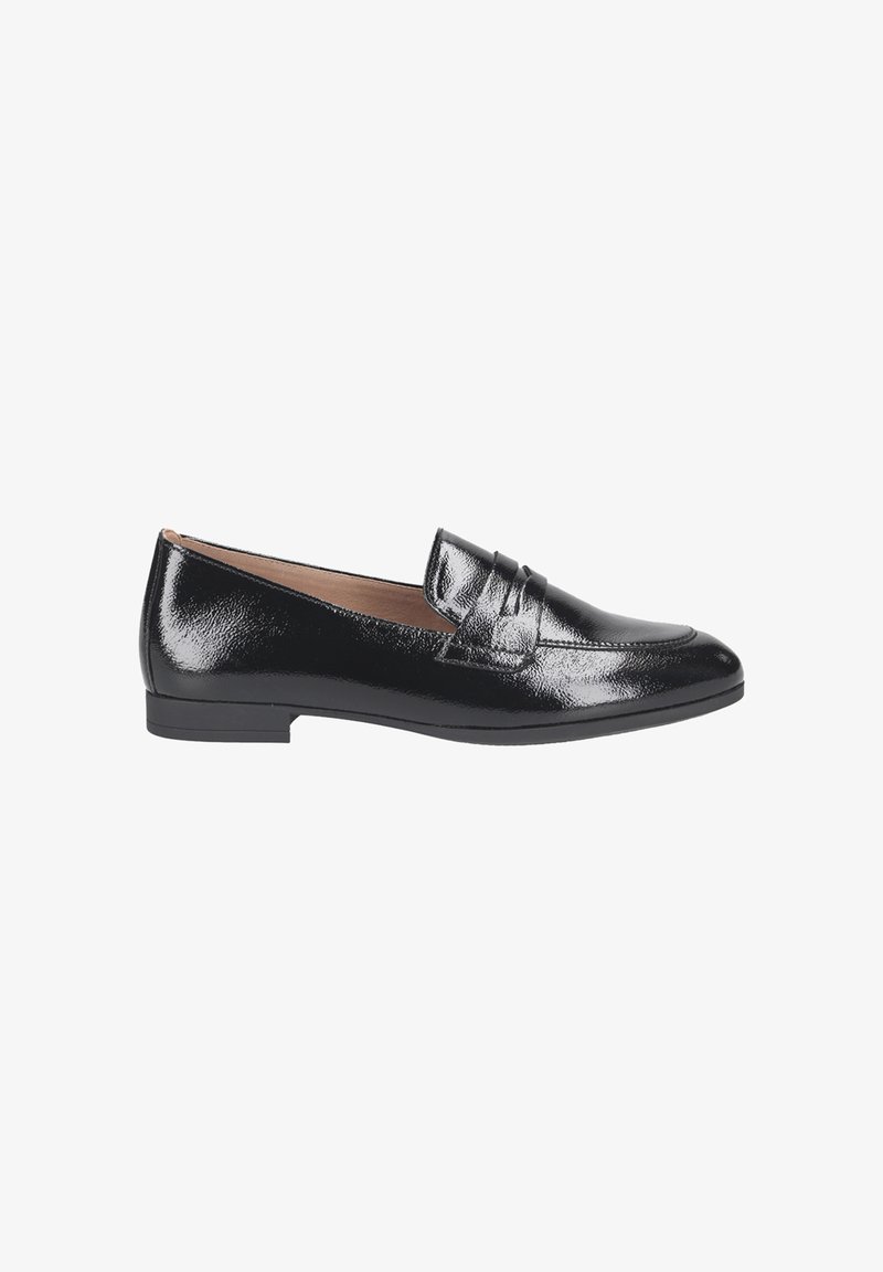 Black patent leather loafers with a low heel, featuring a stitched accent and a rounded toe for a classic design.