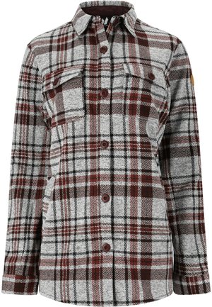 Flannel skjorte med et grått, bordeaux og sort ternet mønster. Har to brystlommer og brune knapper. Blød tekstur med krave.