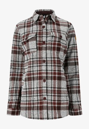 Flanellskjorta med rutigt mönster i grått, burgundy och svart. Har två bröstfickor och bruna knappar. Mjuk känsla med krage.