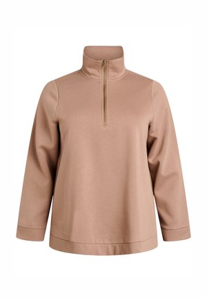 Light brown pullover with a high collar, half-zip closure, and long sleeves. Features a smooth, soft texture and a relaxed fit.