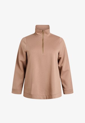 Light brown pullover with a high collar, half-zip closure, and long sleeves. Features a smooth, soft texture and a relaxed fit.