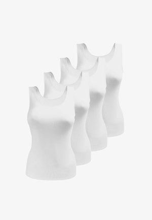 Quatre débardeurs blancs sans manches en tissu lisse, dotés d'un col arrondi et d'une coupe ajustée, empilés en rang.