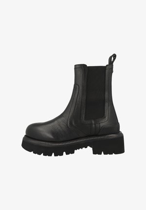 Bottines en cuir noir avec panneaux latéraux élastiques, bout rond, semelle épaisse texturée et languette pour un enfilage facile.
