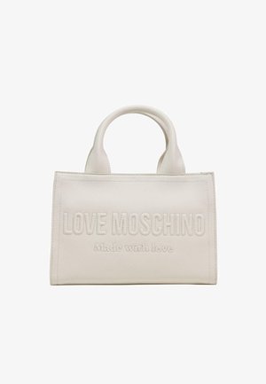 Bolso rectangular blanco con asas redondeadas, con texto en relieve "LOVE MOSCHINO" y "Made with love" en el frente.