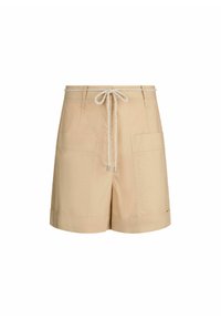 Pantaloni shorts beige con vita regolabile con cordoncino, dotati di due tasche frontali e una texture liscia. Design classico con orli arrotolati.