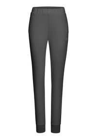 Gray athletic pants with an elastic waistband, tapered legs, and cuffed ankles. Faint logo detail on the left leg. Smooth fabric texture.