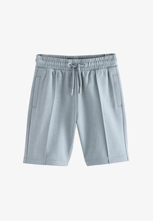 Hellblaue Shorts aus einem strukturierten Stoff, mit einem elastischen Bund mit Kordelzug und zwei Seitentaschen.