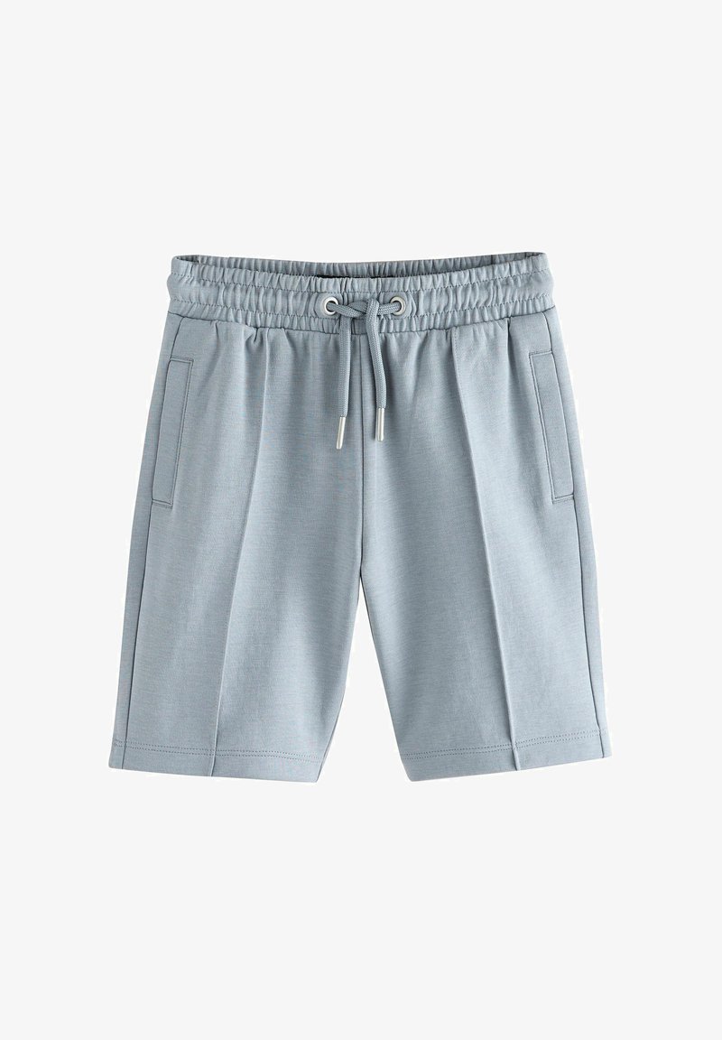 Shorts bleu clair en tissu texturé, dotés d'une ceinture élastique avec cordon de serrage et de deux poches latérales.