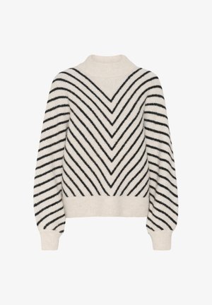 Ivory sweater with black horizontal and diagonal stripes, featuring a high neck, wide sleeves, and a soft, textured finish.