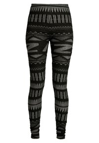 Černé legíny s geometrickým šedým vzorem, vyrobené z pružného materiálu s hladkou texturou a elastickým pasem.