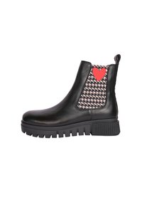Stivali alla caviglia in pelle nera con un pannello elastico a contrasto in motivo houndstooth e un accento a forma di cuore rosso. Suola in gomma spessa per una migliore aderenza.