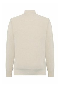 Jasno beżowy sweter wykonany z dzianiny, z długimi rękawami i wysokim kołnierzem. Posiada fakturowane wykończenie i luźny krój. Brak widocznych wzorów lub akcentów.