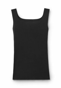 Zwarte mouwloze tanktop met een vierkante halslijn en rechte snit. Gemaakt van gladde stof zonder zichtbare patronen of hardwaredetails.
