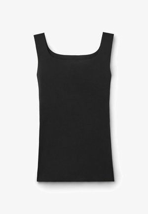 Top sin mangas negro con escote cuadrado y corte recto. Confeccionado en una tela suave sin patrones visibles ni detalles de herrajes.