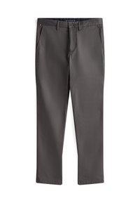 Calças chino cinza de textura suave, design de perna reta, bolsos frontais e fecho com botão na cintura. Etiqueta de marca visível no interior.