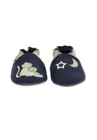 Scarpine per neonati in pelle blu navy con dettagli beige; presentano ricami di un topo, una stella e un crescente; suola morbida per il comfort.