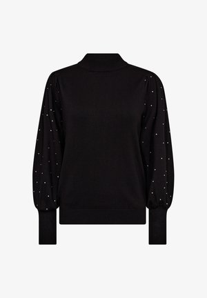 Svart tröja med hög hals, utrustad med puffade ärmar dekorerade med små silverprickar. Mjuk textur med ribbstickade muddar och fåll.