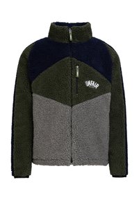 Veste polaire avec col montant, zip devant, poche poitrine et blocs de couleur bleu marine, vert olive et gris, avec le logo "UNFAIR Athletics".