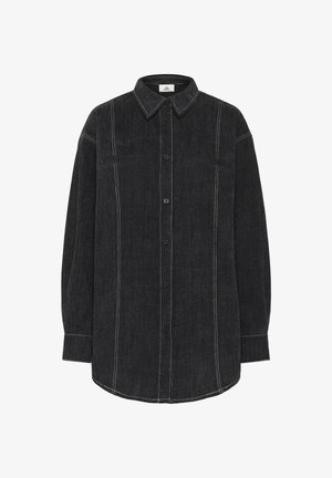 Black denim shirt with a soft texture, button-down front, two chest pockets, and contrasting white stitching details on sleeves and placket.