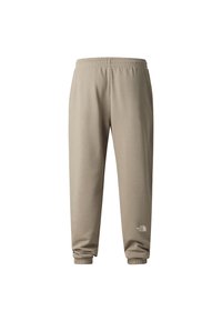 Pantalones deportivos beige con cintura y puños elásticos. Hechos de tela suave, con un pequeño logotipo en la parte inferior de la pierna.