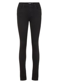 Jean noir slim pour femmes avec fermeture à bouton et fermeture éclair, poches avant et arrière, et passants pour ceinture.