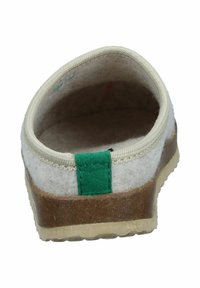 Birch-colored felt slipper with a rounded shape, green accent tab, and a textured cork sole. Inside is lined with soft material.