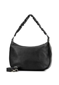 Czarna skórzana torebka o zaokrąglonym kształcie, teksturowanej powierzchni oraz skręcanym pasku na ramię. Posiada zamek błyskawiczny i odpinany pasek.