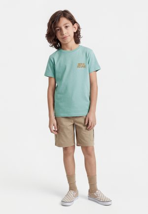 Olkapäihin ulottuvat hiukset omaava poika, jolla on turkoosi Quiksilverin t-paita, beiget cargo-shortsit, beiget sukat ja ruutukuvioiset slip-on-kengät.