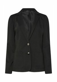 Blazer noir en tissu lisse avec un col en pointe, fermeture à un bouton et deux poches avant. Design simple sans motifs.