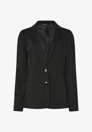 Blazer nero realizzato in tessuto liscio con revers a punta, chiusura a un bottone e due tasche frontali. Design semplice senza motivi.