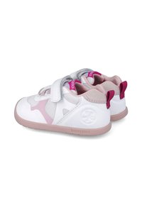 Scarpe da bambini bianche e rosa con tomaia in rete e sintetico, fascia in velcro, interno morbido e suola in gomma rosa.
