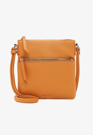 Orange leather crossbody bag with textured surface, front zip pocket, adjustable strap, and logo at the bottom. Compact and functional design.