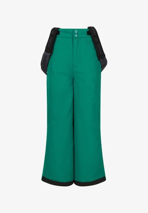 Grønne vandtætte bukser med sorte kanter, udstyret med justerbare sorte stropper og knapper i taljen. Glat tekstur, lige ben.