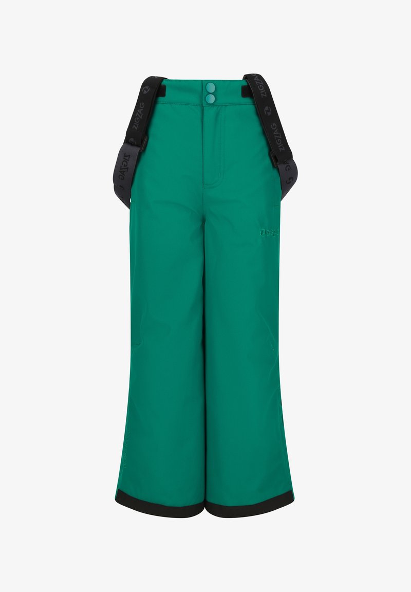 Green waterproof pants with black hems, featuring adjustable black straps and buttons at the waist. Smooth texture, straight-legged design.