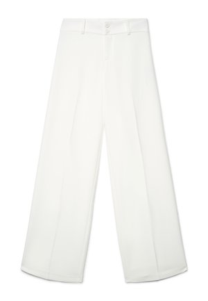 Pantaloni bianchi a vita alta con gamba larga, pieghe frontali, passanti per cintura, zip frontale e chiusura con doppio bottone.