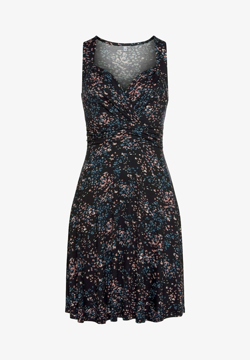 Kesämekko mustasta kankaasta, jota koristavat vaaleanpunaiset ja siniset kukkakuviot. Mekossa on muotoiltu yläosa, laskostettu hame ja hihaton malli.