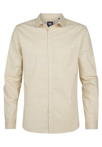 Camisa de manga larga amarilla clara con un patrón geométrico, cuello abotonado y botones blancos. Tejido suave y corte entallado.