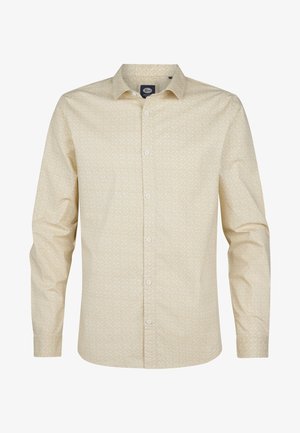 Chemise à manches longues jaune clair avec un motif géométrique, col à bouton et boutons blancs. Tissu lisse et coupe ajustée.