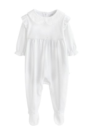 Weißer langärmliger Babystrampler mit Füßchen, gerafften Schultern, rundem Kragen und kleinen Schleifendetails.