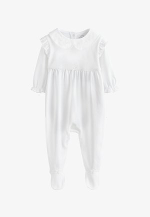 Weißer langärmliger Babystrampler mit Füßchen, gerafften Schultern, rundem Kragen und kleinen Schleifendetails.