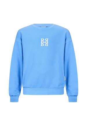 Hellblaues Sweatshirt mit Rundhalsausschnitt, gerippten Bündchen und Saum, mit einem weißen, symmetrischen "R"-Logo in der Mitte der Brust.