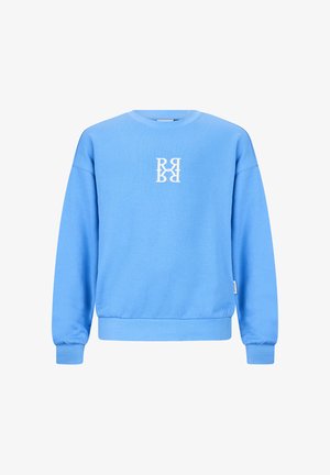 Jasnoniebieska bluza z okrągłym dekoltem, z prążkowymi mankietami i ściągaczem u dołu, z białym, symetrycznym logo "R" umieszczonym centralnie na piersi.