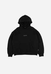 Black sweatshirt, hooded, with a front kangaroo pocket. Text logo on the chest. Soft texture, standard fit, ribbed cuffs and hem.