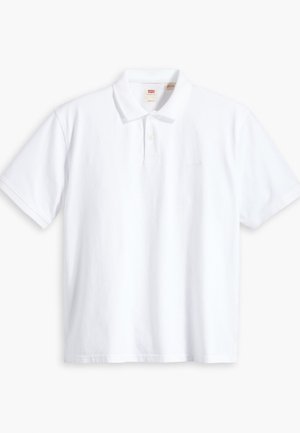 Polo bianco, materiale in cotone, maniche corte, patta con due bottoni, logo del marchio ricamato sul petto, colletto classico, colore uniforme.