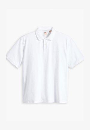 Polo bianco, materiale in cotone, maniche corte, patta con due bottoni, logo del marchio ricamato sul petto, colletto classico, colore uniforme.