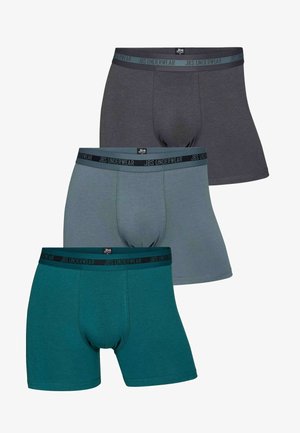 Three pairs of men's boxer shorts in dark gray, teal, and light gray, featuring a soft waistband with "JBS UNDERWEAR" logo.